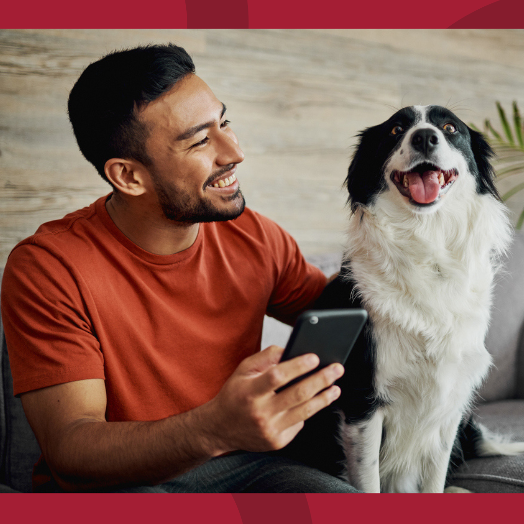 A man is sitting on a couch with a cell phone in his hand while smiling and petting his dog.